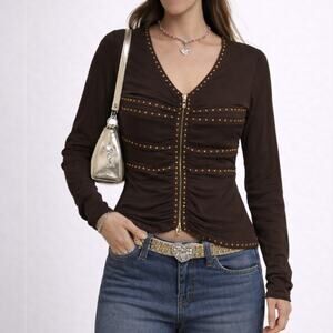 Y2K Caché Chocolate Brown Gold Studded Ruched Zip Top V Neck Long Sleeve S